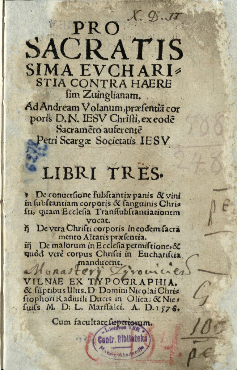 The title page of a polemical treatise by Piotr Skarga. 1576. LMAVB