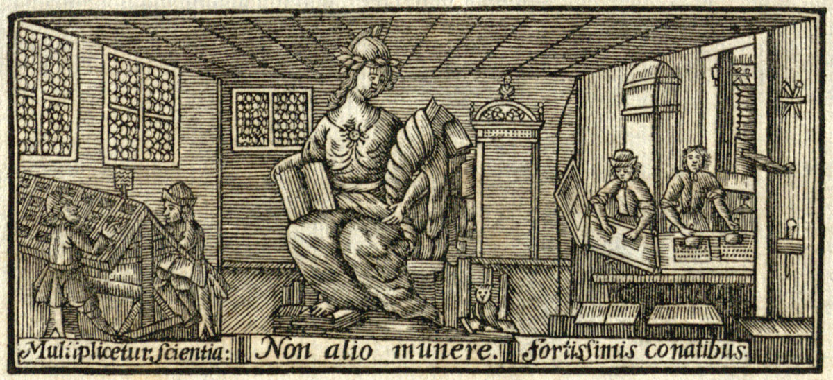Tiskárna 16. století. Z titulní strany knihy: Paulus Pater. <i>De Germaniae miraculo optimo, maximo, typis Literarum, earumque differentis, dissertatio.</i> Lipsiae: apud Jo. Frider Gleditsch et filium, 1710. LMAVB