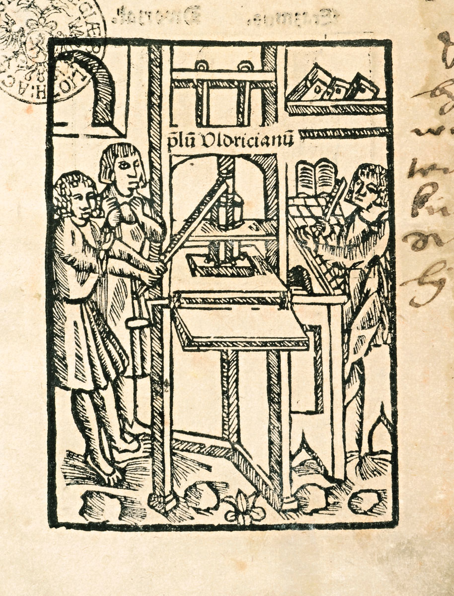 Skorinos laikų spaustuvė. 1519 m. medžio raižinys, vaizduojantis Oldržicho Velenskio dirbtuvę. NK