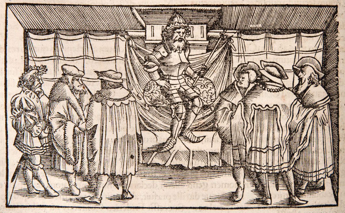 Dvůr českého krále. Ilustrace podle: Sebastian Münster. Cosmographiae universalis lib. VI. Basileae: apud Henrichum Petri, 1552. LMAVB