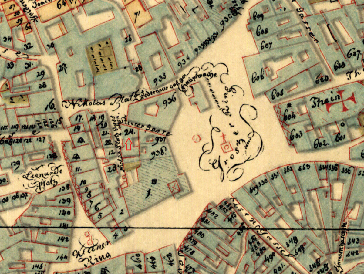 Pražská mapa Josefa Jüttnera z let 1811–1815. Červená šipka označuje místo, kde se nacházela tiskárna kramáře Severina. – Praha, osobní sbírka