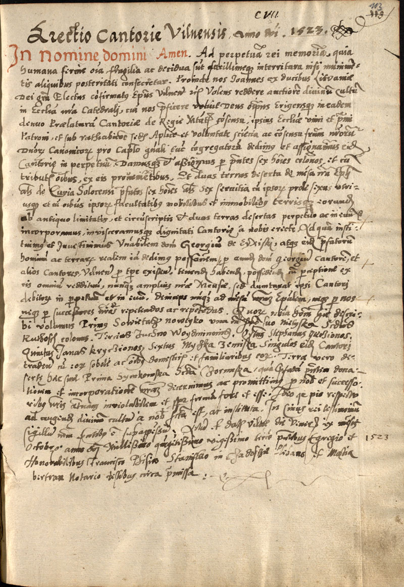 A letter of Bishop of Vilnius, John of the Lithuanian Dukes, concerning material provision for the office of cantor coadjutor of the cathedral chapter. The “Physician Francysk” is the first on the list of witnesses. 1523. LMAVB